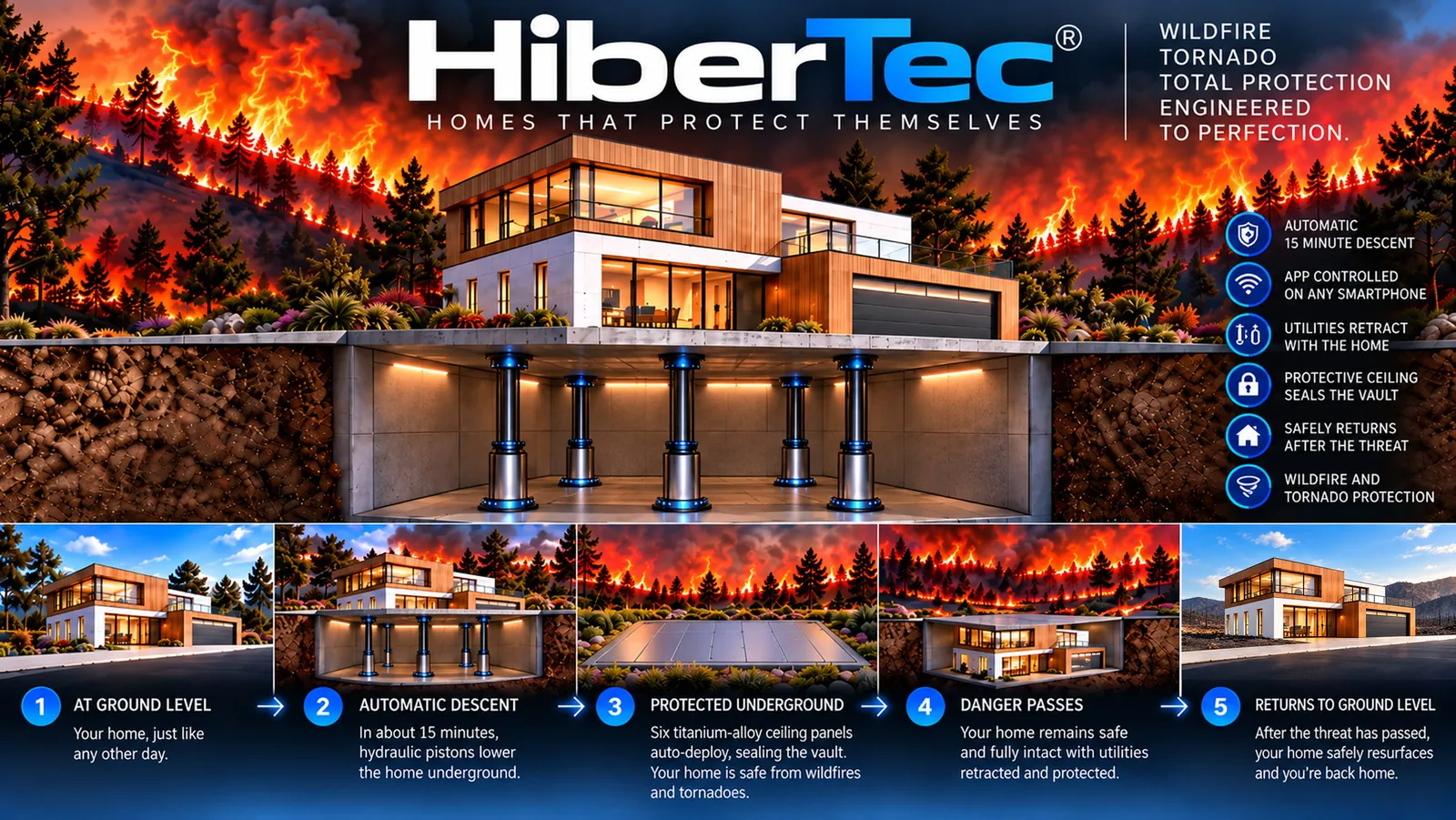 HiberTec Homes illustration: a modern home above its vault as wildfire approaches, then five steps. At ground level; automatic lowering on hydraulic pistons in about 15 minutes; protected underground under sealed ceiling panels; danger passes; back to ground level after the threat