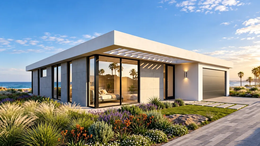 Concept rendering of a white modern HiberTec home with a garage and glass walls at sunset, palms and the ocean behind