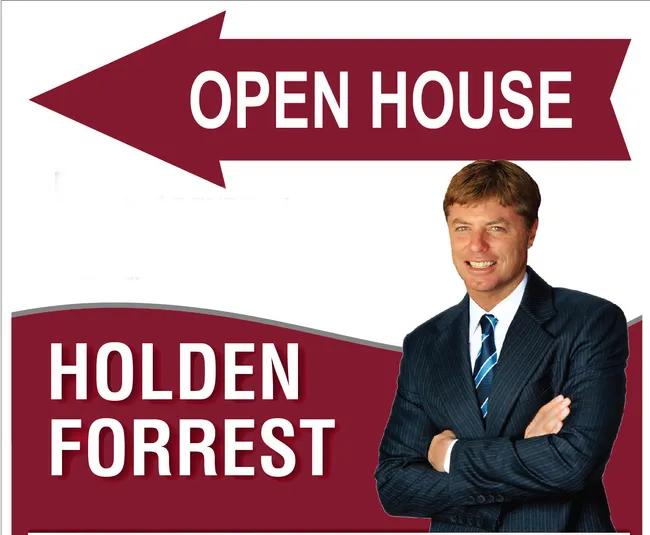 Archival open-house sign naming Holden Forrest, cropped above the historical license number