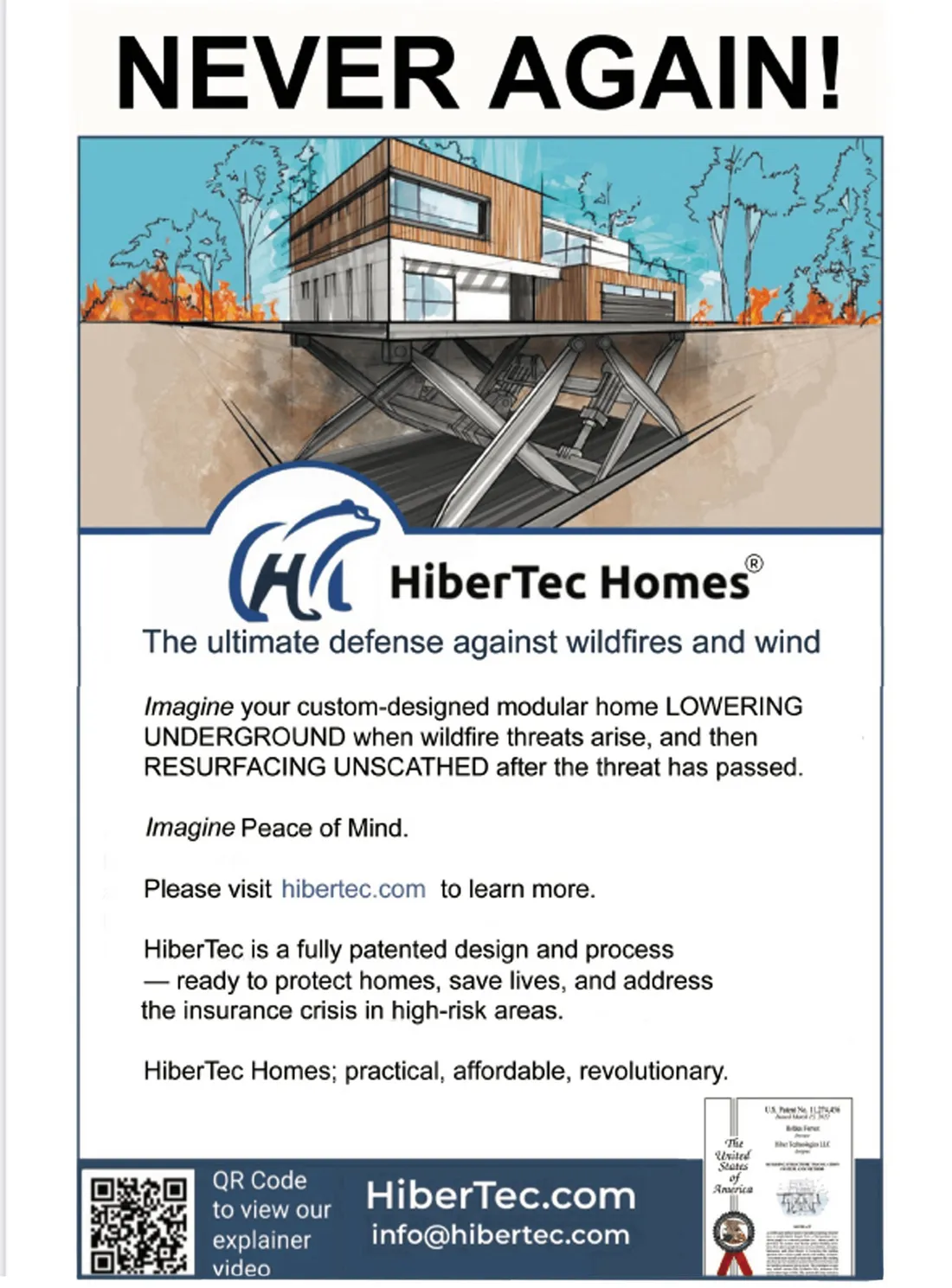 HiberTec advertisement with an underground-home illustration and company information